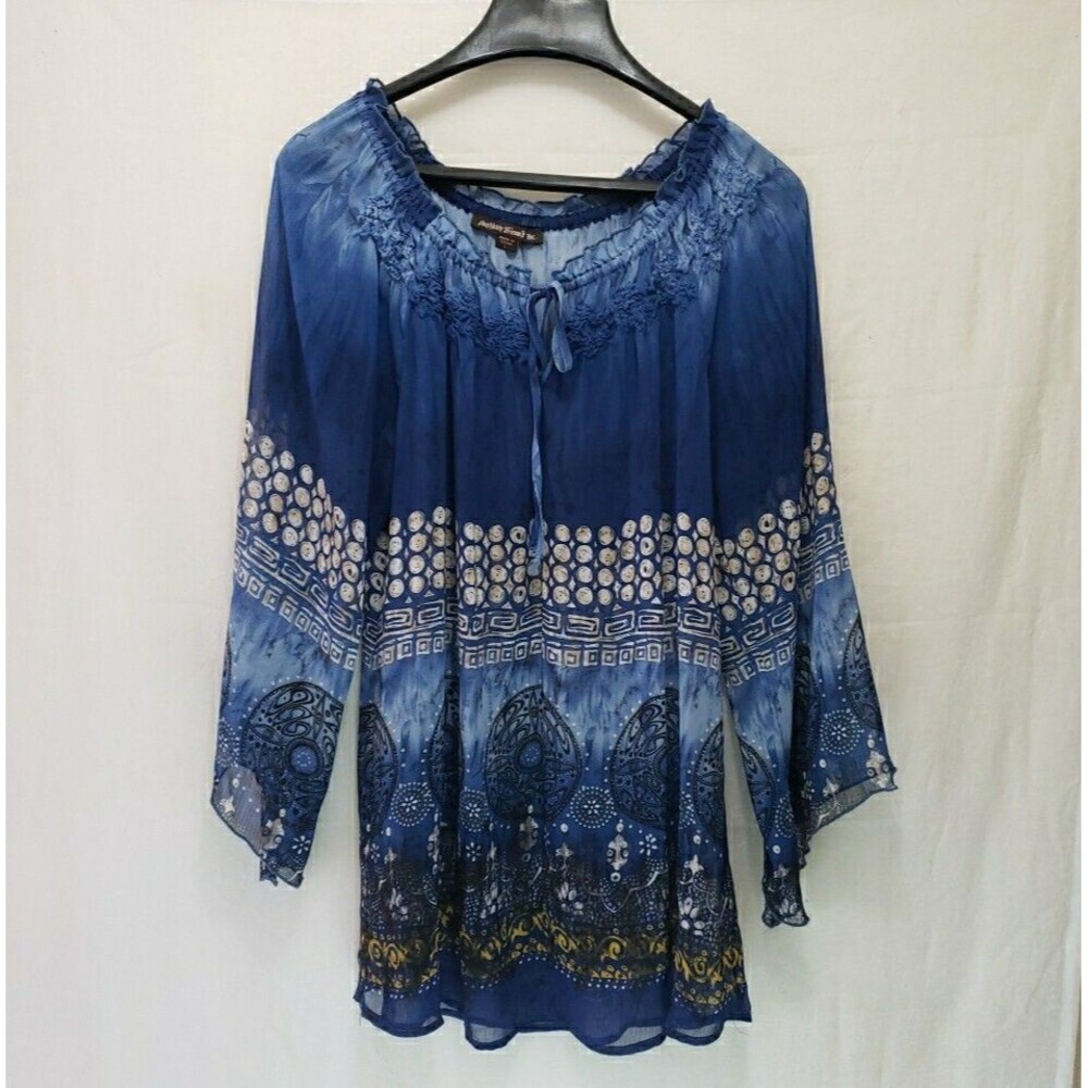 Womens Large Boho Sheer Blouse Top Ruffled Tunic Tie Front Loose Artsy Comfort